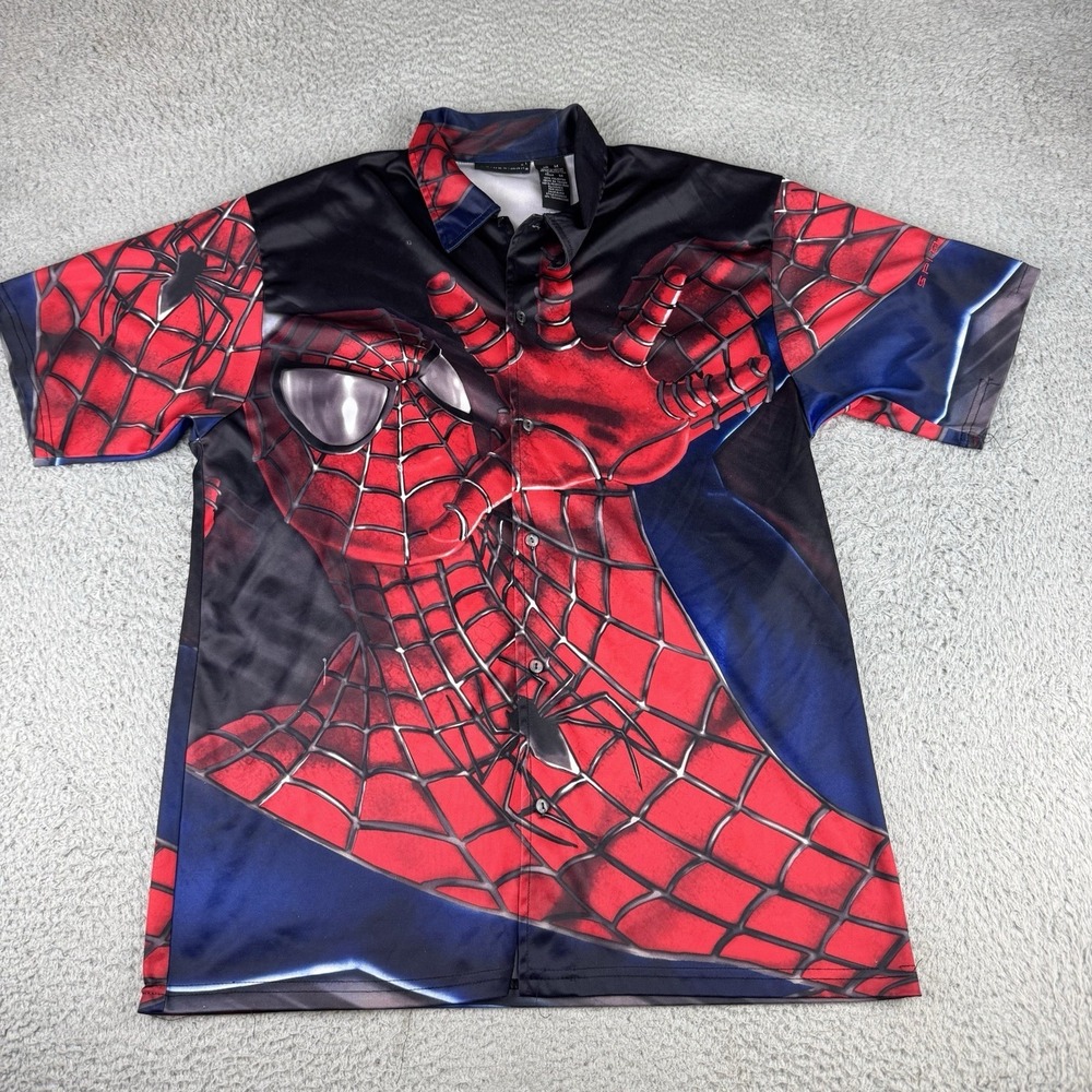 Vintage Spiderman 2002 Button Up Shirt Size M All Over Print Movie Promo Y2K